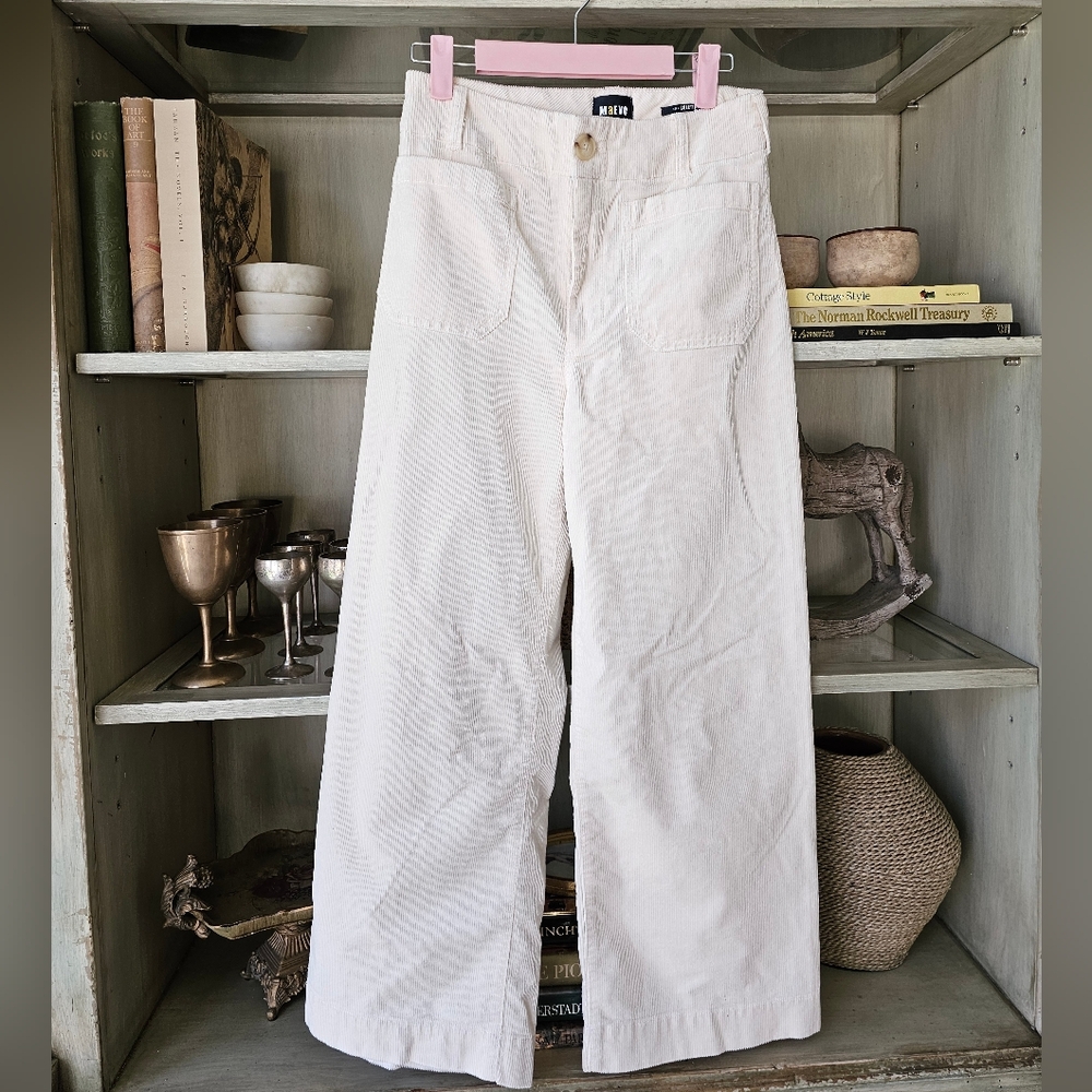 Maeve x Anthropologie The Colette Corduroy Wideleg Cropped Pants Neutral Ivory - Picture 7 of 14